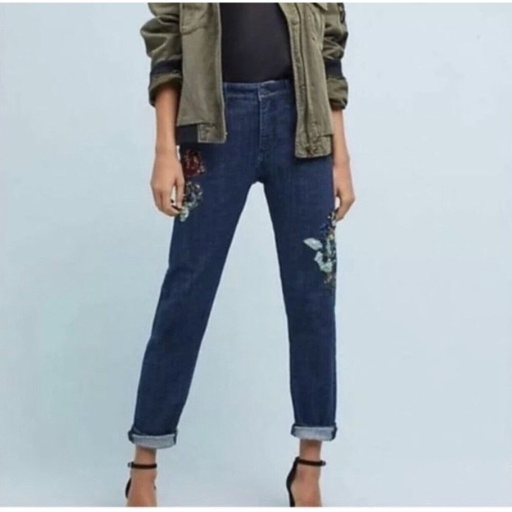 Pilcro and the Letterpress Dark Blue Embroidered Boyfriend Jeans